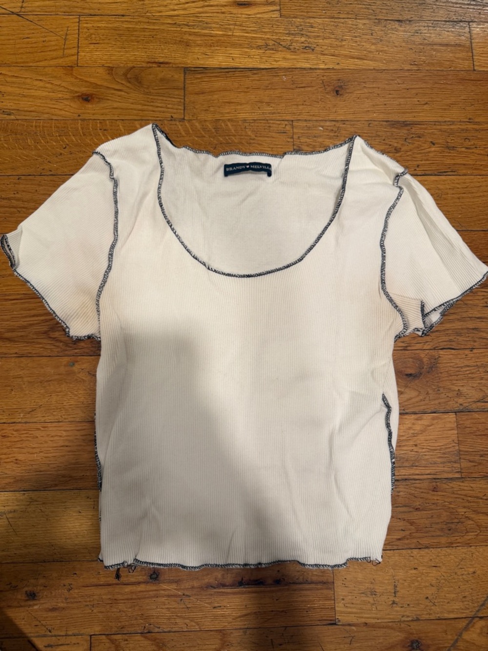 Brandy Melville White Ribbed Scoop Neck Crop Top with Black Contrast Trim